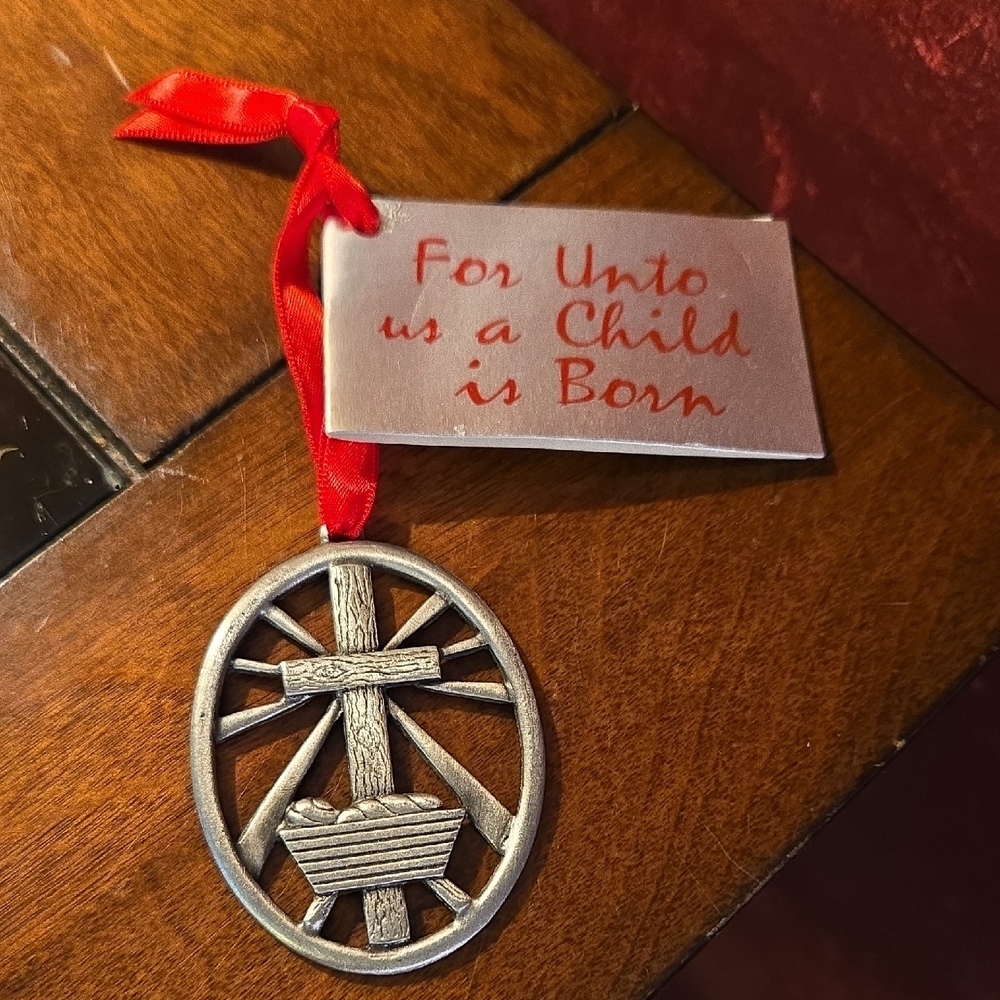 2002 Pewter Cross w/Baby Jesus CTA Inc. Ornament "For Unto Us A Child Is Born"